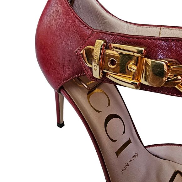 Gucci Malaga Kid Sylvie Gold Chain Pumps Heels Size 37 US 7 Burgundy Red Pointed - Picture 5 of 12